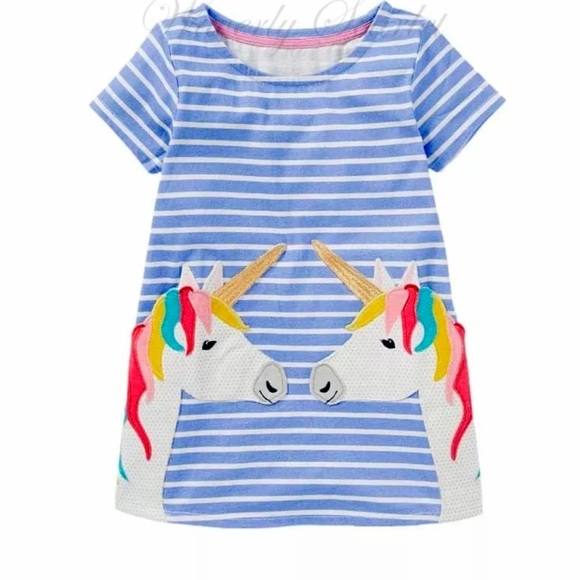 Mini Boden Striped Appliqué Unicorn Tunic Dress Sz 5-6 - Picture 1 of 5